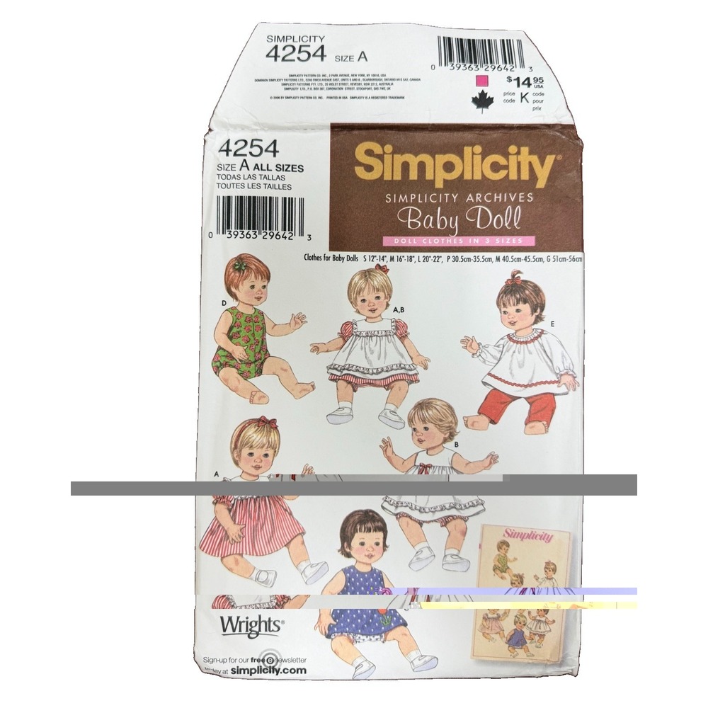 Simplicity 4254 Baby Doll Clothes Pattern UNCUT 12-22” Simplicity Archives